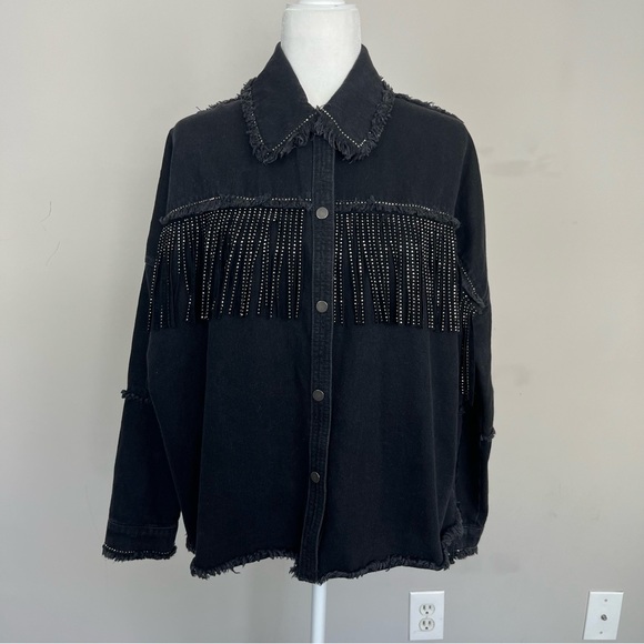 ZARA DENIM EMBELLISHED FRINGE BUTTON UP SHIRT JACKET SIZE SMALL IN BLACK - Picture 9 of 16